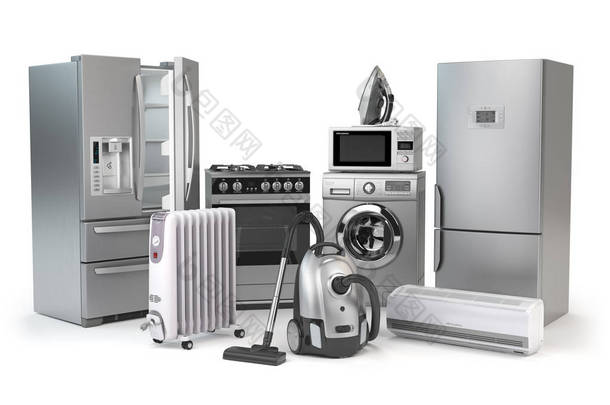家电。一套家用厨房工艺在白色背景下隔离。冰箱、煤气灶、微波炉、洗衣机真空吸尘器空气 conditioneer 和熨斗。3d 插图