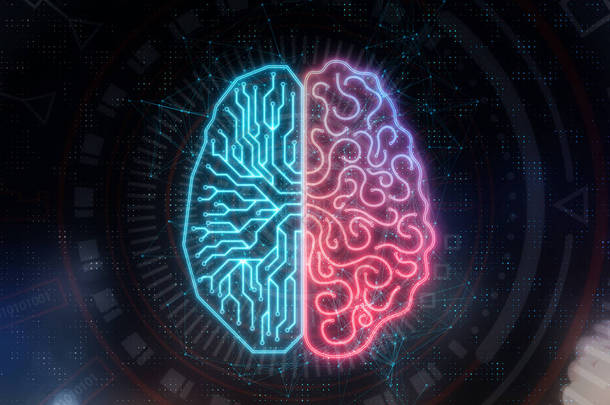 抽象电路大脑在黑暗的技术背景。人工 intelliegnce 和计算概念。3d Redering 