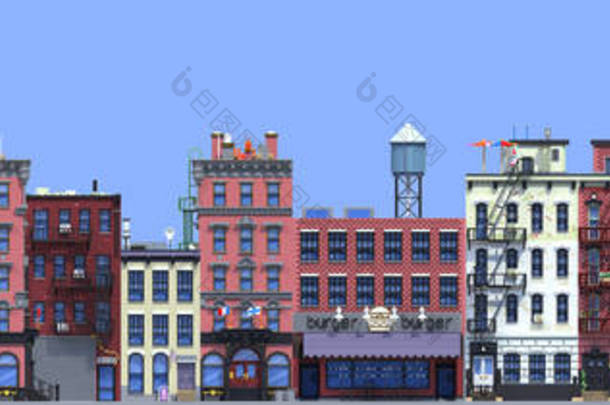 3d. 平面等轴砌<strong>块</strong>建筑的渲染图表概念。城市街道在蓝色<strong>背景</strong>。房子图标集合。建筑门面前视图。<strong>像素</strong>艺术。纽约建筑无缝模式