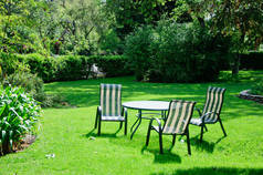 绿色夏天后院庭院与草、桌和椅子