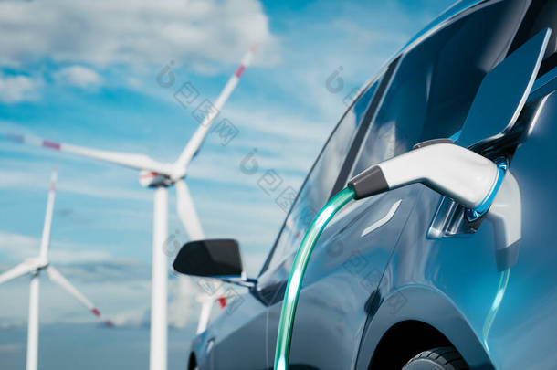 汽车在风车的背景下充电.充电电动车。电动汽车在风力涡轮机的背景下充电.使用可再生能源的车辆。3D渲染