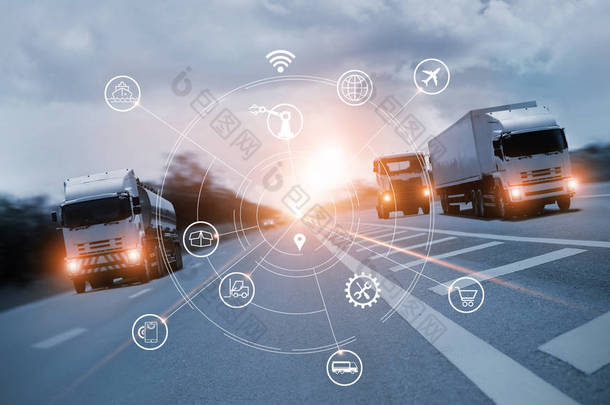 运输和物流、高速公路卡车和工业集装箱货物，蓝色背景下的网络分布图标. 