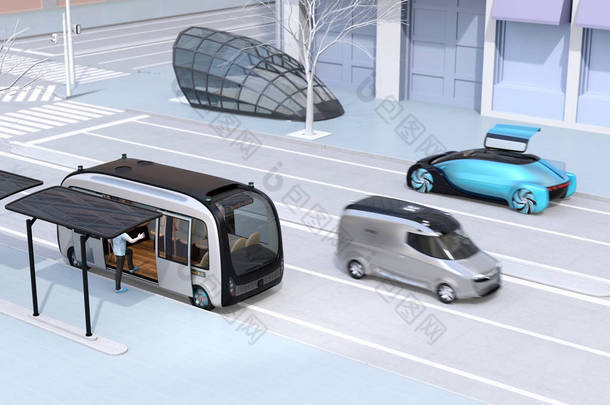 现代城市交通风格的场景。公共汽车站的自治巴士。电动面包车在路上移动。靠近十字路口的地铁入口。3d 渲染图像.