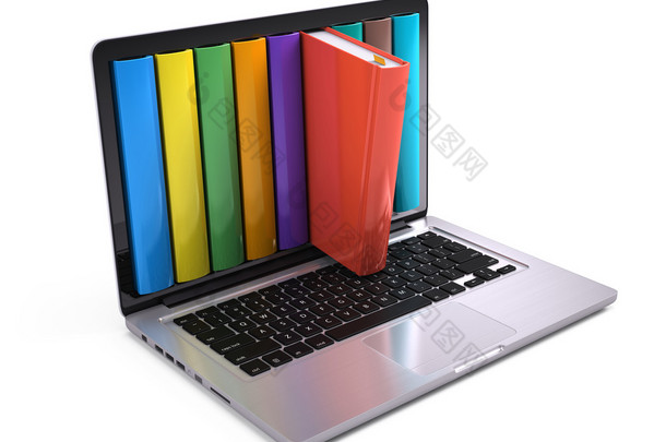 数字图书馆和在线教育的概念-笔记本电脑与彩色书籍。3d渲染