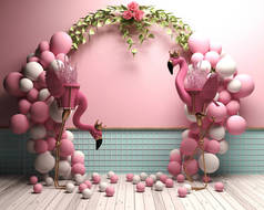 3D渲染粉红色的生日和圣诞节装饰