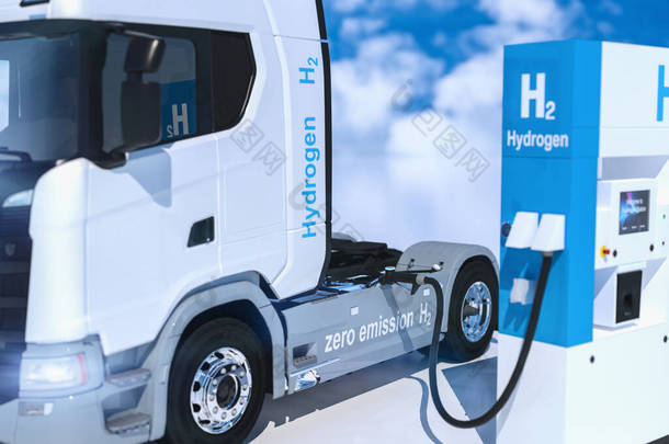 加油站燃油分配器上的氢气标识。h2用于无排放环保运输的燃烧<strong>卡车</strong>发动机。3d渲染