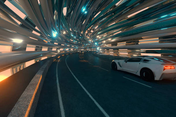 汽车在带有光纤的未来桥上的运动。未来的技术概念。商业背景。愉快的自然光。3d说明