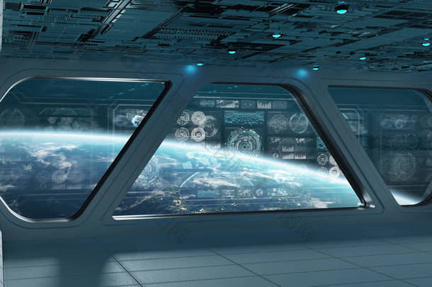蓝色<strong>太空飞船</strong>内部空间与控制面板屏幕3d 渲染
