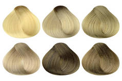 一套不同的金发颜色样本的锁 (漂白奶油, 非常轻的金发, 浅金发, 米色金发, 深金发碧眼, 深金发碧眼), 圆润的形状, 孤立的白色背景, 剪裁路径包括