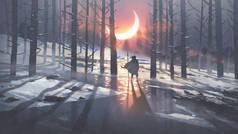 人在冬天的森林里看着明月的最高峰，数码艺术风格，插图绘画