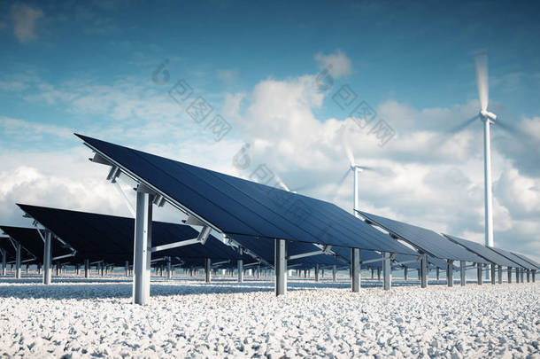 现代和未来派的审美黑色太阳能电池板的<strong>大型</strong>光伏电站与风力涡轮机在阳光明媚的午后天气与部分多云的蓝天背景。3d 渲染.