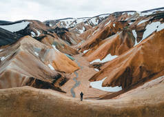 从鸟瞰的角度来看,隆重的彩虹群山.冰岛高地的无人机摄影。冰岛的旅游业