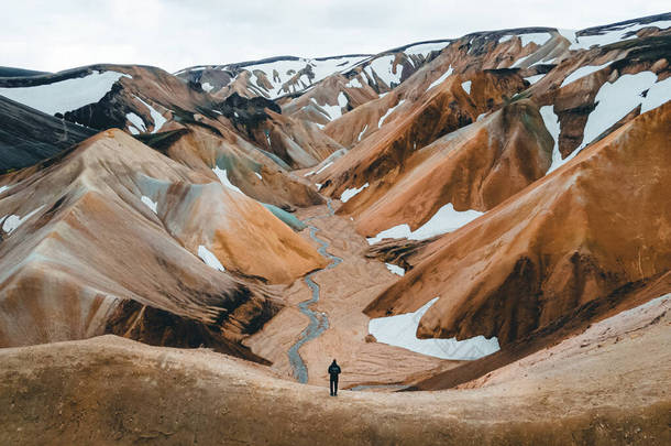 从鸟瞰的角度来看,<strong>隆重</strong>的彩虹群山.冰岛高地的无人机摄影。冰岛的旅游业