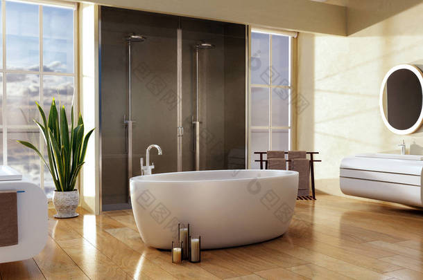 现代浴室的3D插图，大椭圆形浴缸和双淋浴，自然<strong>光</strong>线从大窗户和<strong>抛光</strong>闪亮的棕色木板地板  