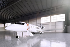 白色哑光豪华通用设计私人喷气式飞机在机库机场的图像。混凝土地板。商务旅行图片。水平、前角视图。电影效果。3d 渲染.