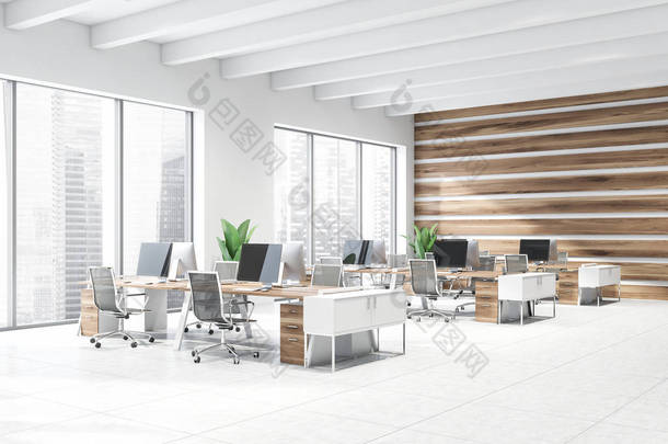 白色和木材开放空间办公室角落