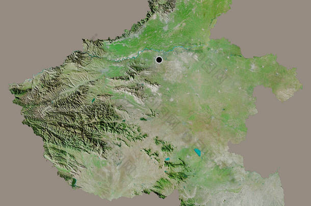 中国河南省的形状，其<strong>首都</strong>以纯色背景隔离。卫星图像。3D渲染