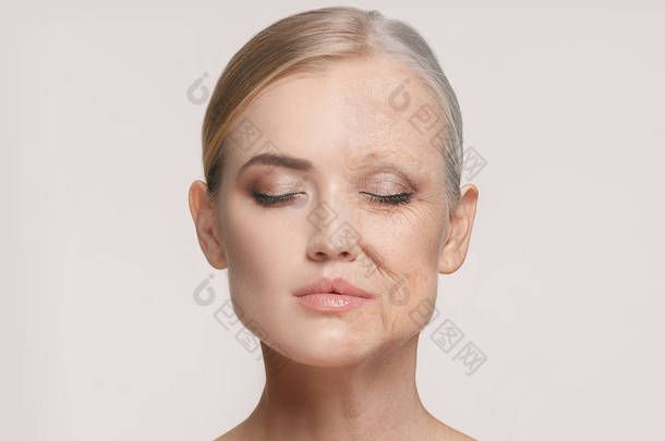 比较.美丽的女人的肖像与问题和清洁皮肤,衰老和青年概念,美容治疗