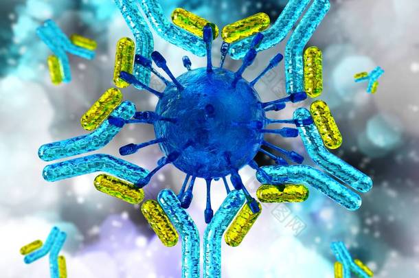 日冕抗体，特写抗体，<strong>免疫</strong>球蛋白，日冕抗病毒，3d渲染