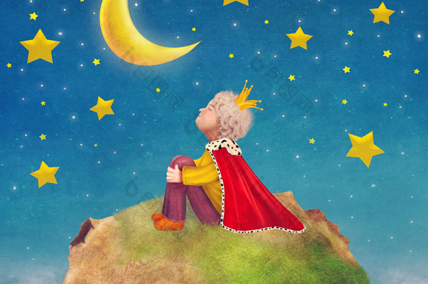 在一个美丽的夜晚天空中的星球小王子 