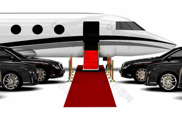 3D渲染图像，描绘一个有红地毯和私人飞机/高级红地毯旅游船队的高档旅游船队 