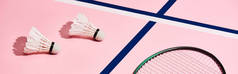 羽毛球和羽毛球的球拍，粉色背景，蓝线，全景镜头