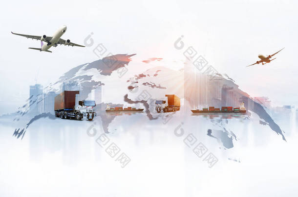 运输、进出口和物流概念、集装箱卡车、港口船舶和运输中的货运飞机以及进出口商业物流、航运业 