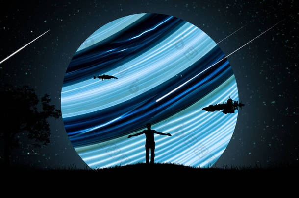 一个晚上，手拉手站在户外的人，靠着星空的背景，带着宇宙飞船和一颗美丽的霓虹灯行星，高高地升向空中.