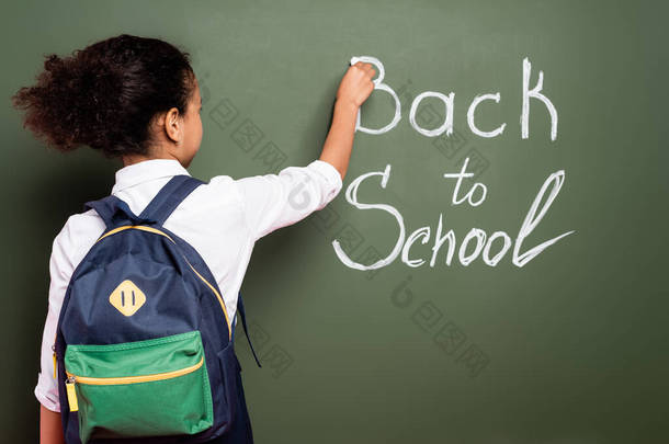 非洲裔美国女学生背负背包在绿色黑板上写着返校的背景图