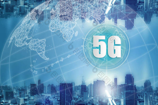 5g 网络无线<strong>系统</strong>和物联网、智能城市和通信网络并连接在一起, 连接全球无线设备.