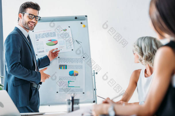 微笑的商人指着白板在办公室里为女商人做演讲时