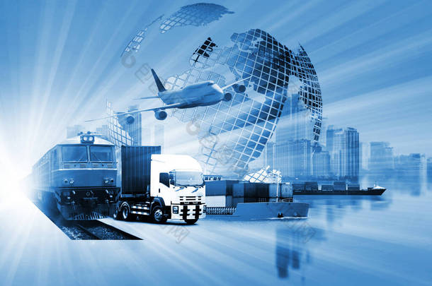 世界<strong>物流</strong>背景或运输业或航运业、集装箱运输、<strong>卡车</strong>交付、飞机、进出口概念