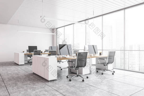 白色的<strong>办公室</strong>，靠窗的桌子上有扶手椅和电脑，侧视。白色的写字楼，大理石地板上有现代简约家具，3D效果没有人