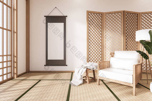 木制扶手椅和分隔的日本人在热带房间的内部与tatami垫地板和白色墙壁。 3D渲染