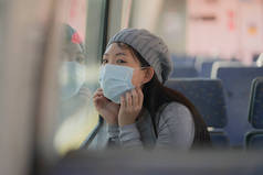 年轻迷人而快乐的亚洲女人，戴着面具，开着新的普通病毒在火车车厢里旅行- -甜美的韩国姑娘兴奋而快乐地透过火车车厢窗户看过去