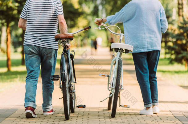 一对老年夫妇在公园里骑自行车散步的剪影 