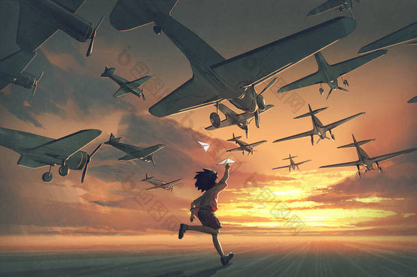 男孩玩纸飞机，看着飞机在夕阳西下的天空中飞翔，数字艺术风格，插图绘画
