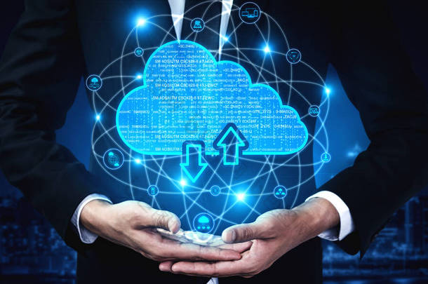 云计算<strong>技术</strong>和在线数据存储为企业网络的概念.<strong>计算机</strong>连接到Internet服务器服务，用于三维未来主义图形界面中的云数据传输.