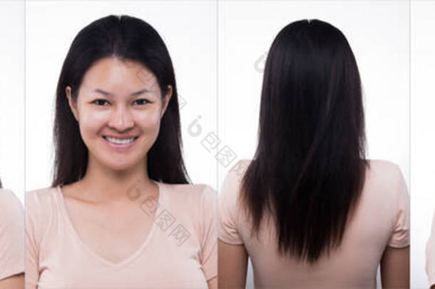 在申请化妆风格之前，亚洲女人的大学组包装。无皱纹，面容清新，粉刺，<strong>唇</strong>，颊，皮肤光滑。工作室照明白色背景，用于美学治疗