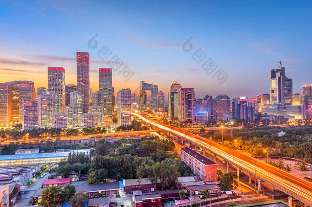北京, 中国现代金融区城市风貌黄昏.