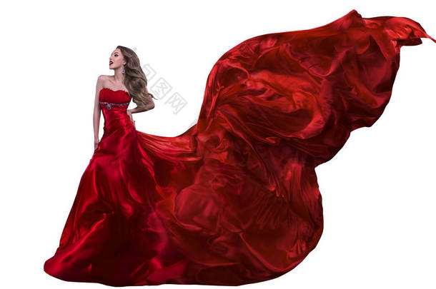女人时尚<strong>红色</strong>衣服，挥舞着在风上飞绸礼服 