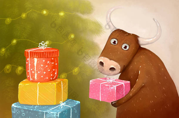 图上是一头可爱的棕色公牛，手里拿着<strong>礼物</strong>，在圣诞树下放着<strong>礼物</strong>。度假卡