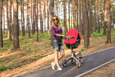 家庭、 孩子和父母的概念 — — 快乐的母亲与婴儿推车在公园里散步