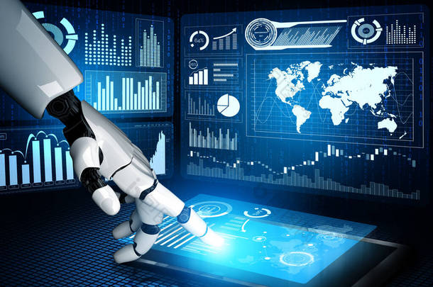 3D渲染未来机器人技术的发展、人工智能人工智能和机器学习的概念。全球机器人生物科学研究促进人类生活的未来.