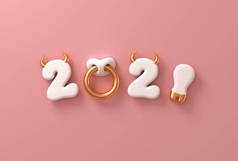 2021年，白色数字为牛角，钩子和鼻环粉红色背景。牛年的农历新年概念.