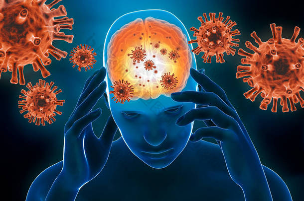脑病毒感染3D渲染说明。带有红色非专利病毒细胞的脑炎。脑炎、脑膜炎、老年痴呆症、帕金森症、嗜睡症或硬化症等神经疾病.