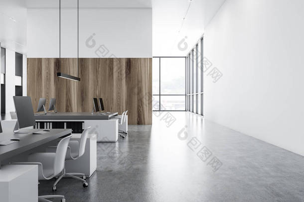 现代公司内部的白色和木质墙壁, 白色电脑办公桌与椅子和全景窗口3d 渲染复制空间