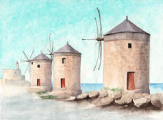 三座风车、一座遥远的城堡和蓝色的大海构成的风景水彩画