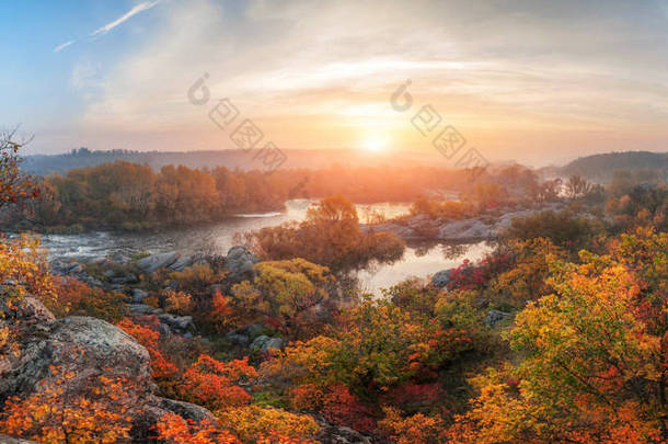 蓝色雾河和五颜六色的森林的令人惊叹的全景