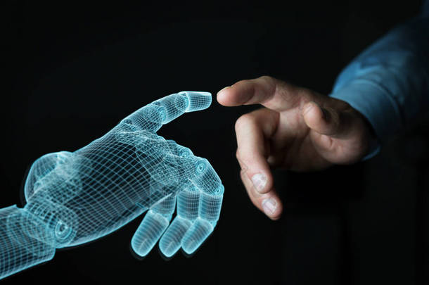 线框机器人手与人的手在黑暗的3d 上接触 